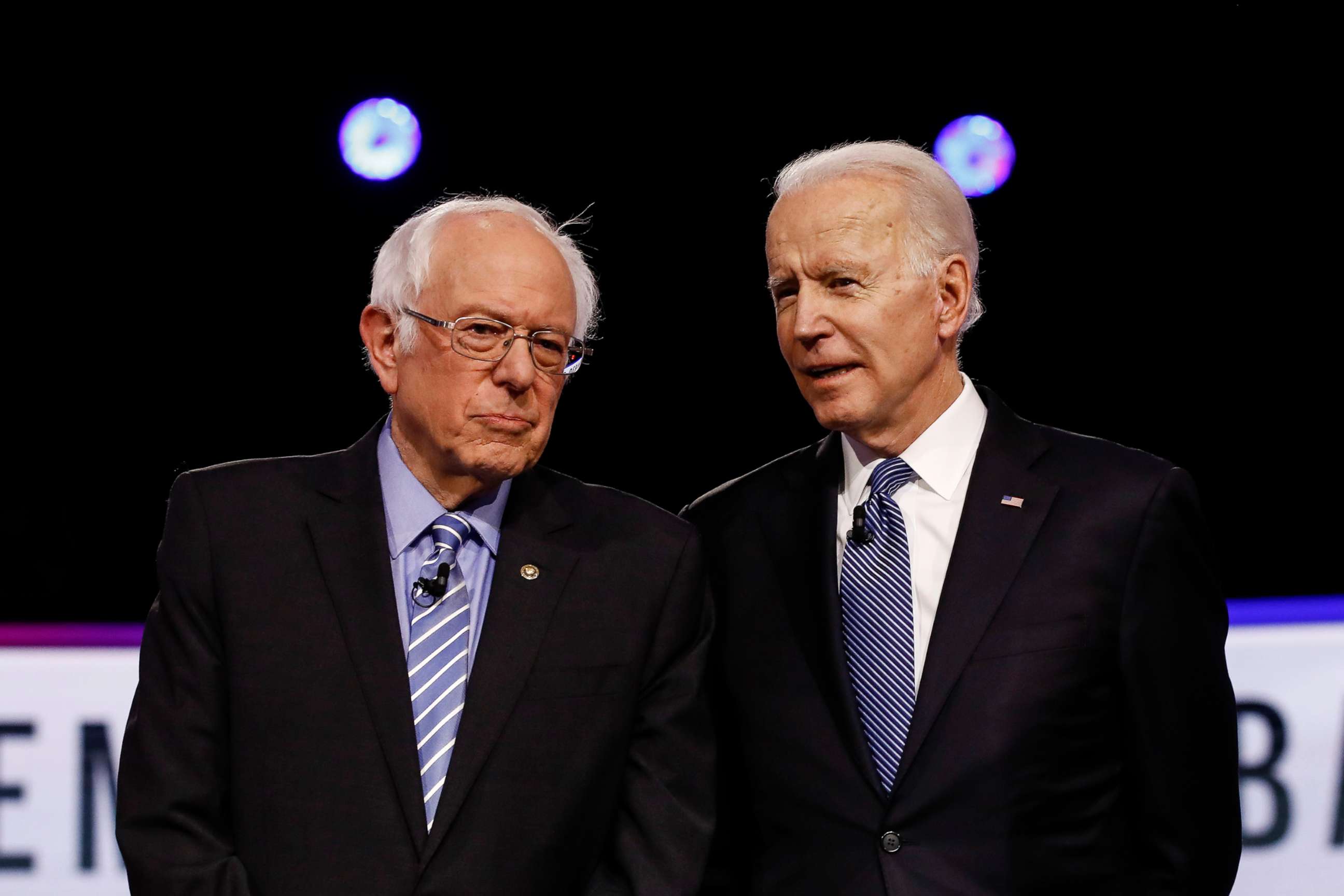 PHOTO: Democratic presidential candidates, Sen. Bernie Sanders, former Vice President Joe Biden, talks before a Democratic presidential primary debate, Feb. 25, 2020, in Charleston, S.C.