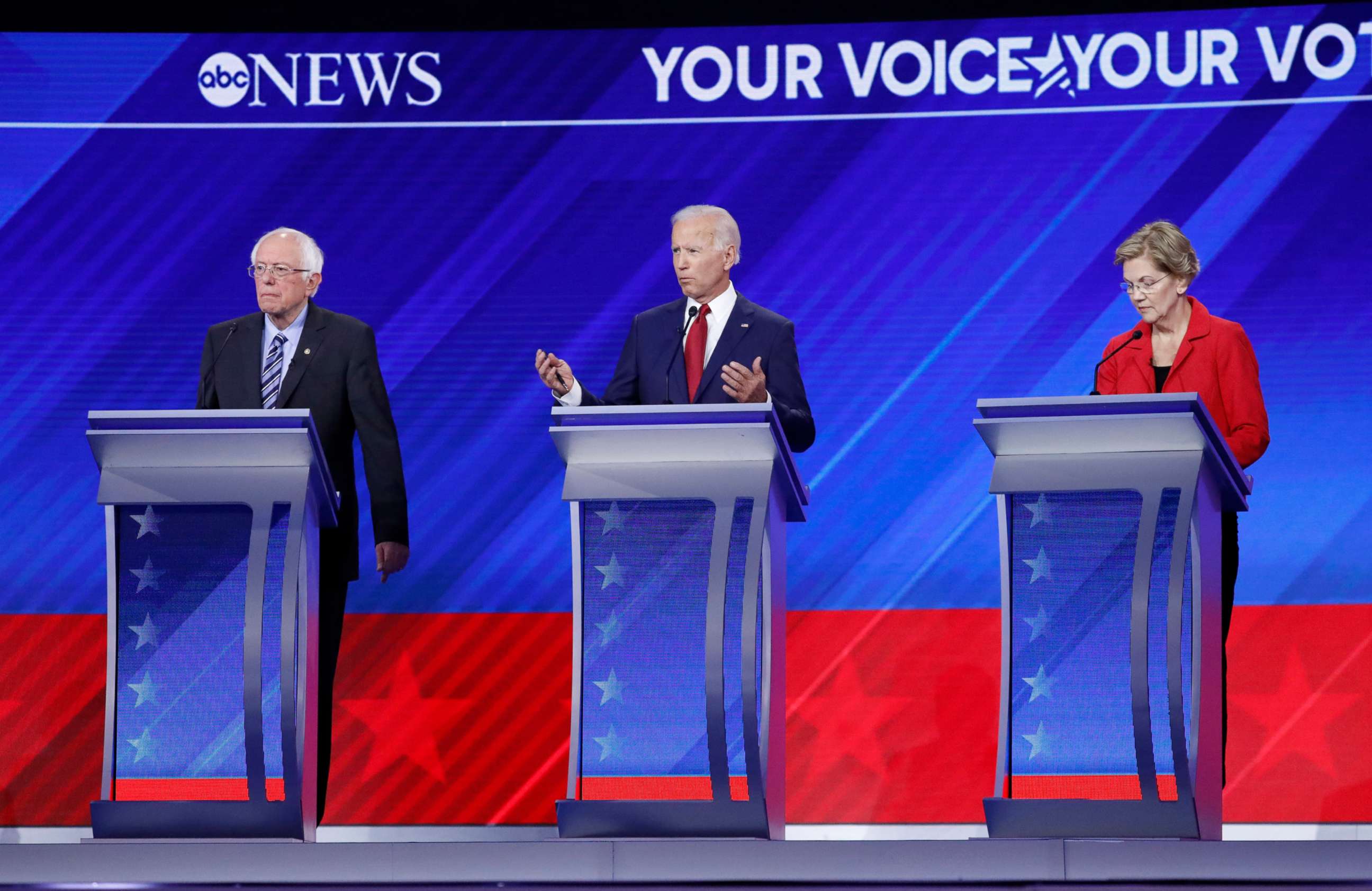 PHOTO: Democratic presidential candidates Benrie Sanders, Joe Biden and Elizabeth Warren take part in the a debate at Texas Southern University, Sept. 12, 2019, in Houston, Texas.