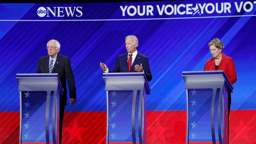 PHOTO: Democratic presidential candidates Benrie Sanders, Joe Biden and Elizabeth Warren take part in the a debate at Texas Southern University, Sept. 12, 2019, in Houston, Texas.