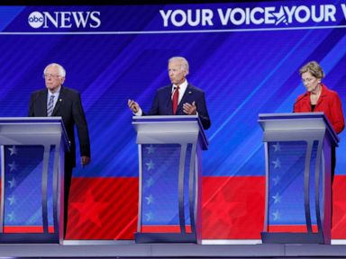 PHOTO: Democratic presidential candidates Benrie Sanders, Joe Biden and Elizabeth Warren take part in the a debate at Texas Southern University, Sept. 12, 2019, in Houston, Texas.