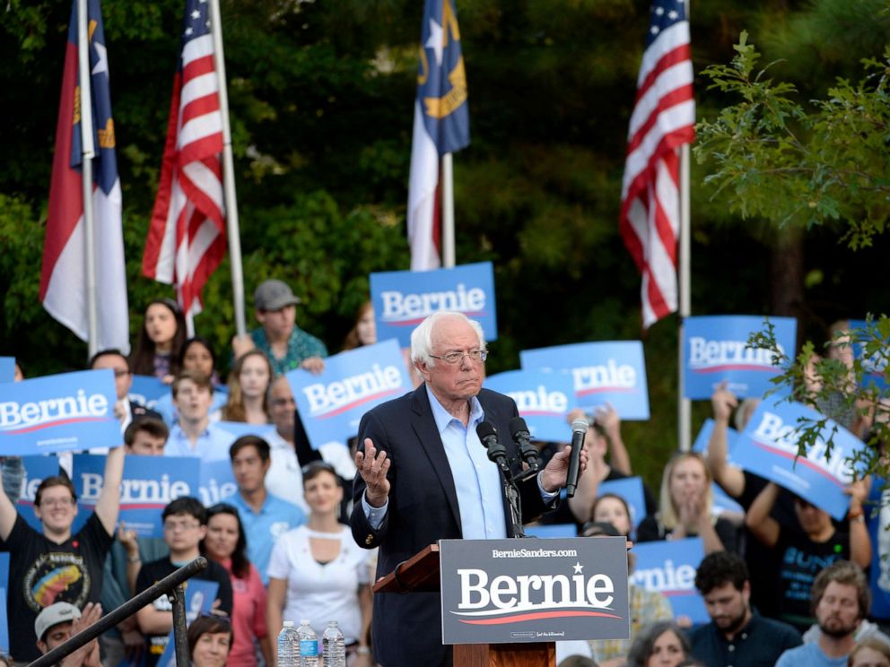 PHOTO: Democratic presidential candidate Sen. Bernie Sanders, I-VT, speaks during a campaign rally on Sept. 19, 2019 in Chapel Hill, N.C.