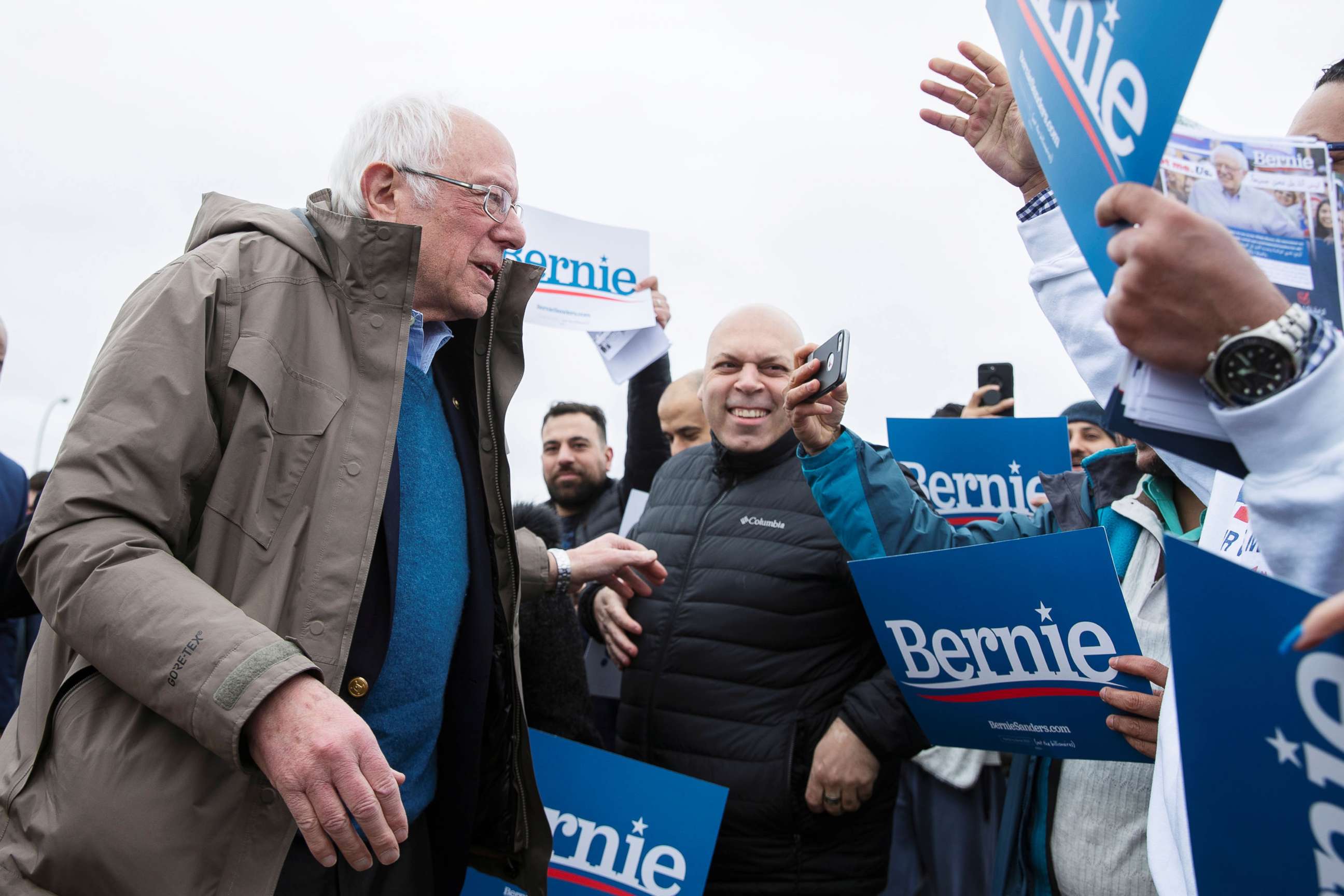 PHOTO: Democratic presidential candidate Bernie Sanders greets supporters outside of a polling station in Dearborn Heights, Mich., March 10, 2020.