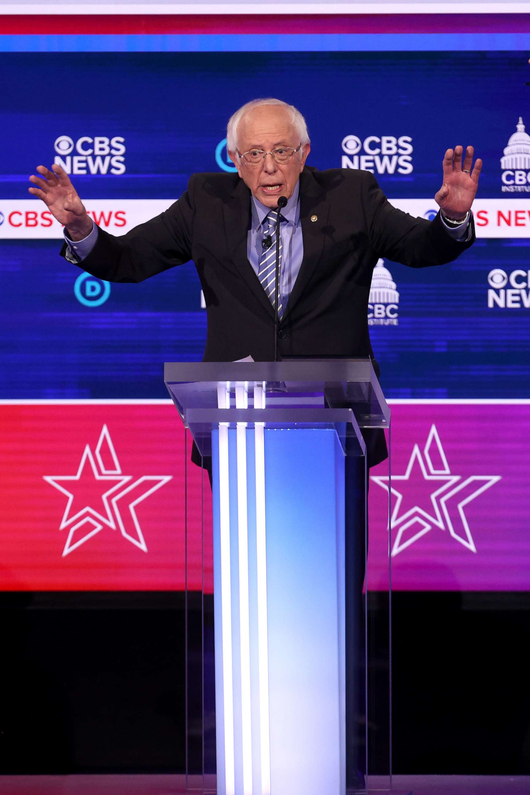 PHOTO: Democratic presidential candidate Sen. Bernie Sanders speaks during the Democratic presidential primary debate at the Charleston Gaillard Center, Feb. 25, 2020, in Charleston, South Carolina.