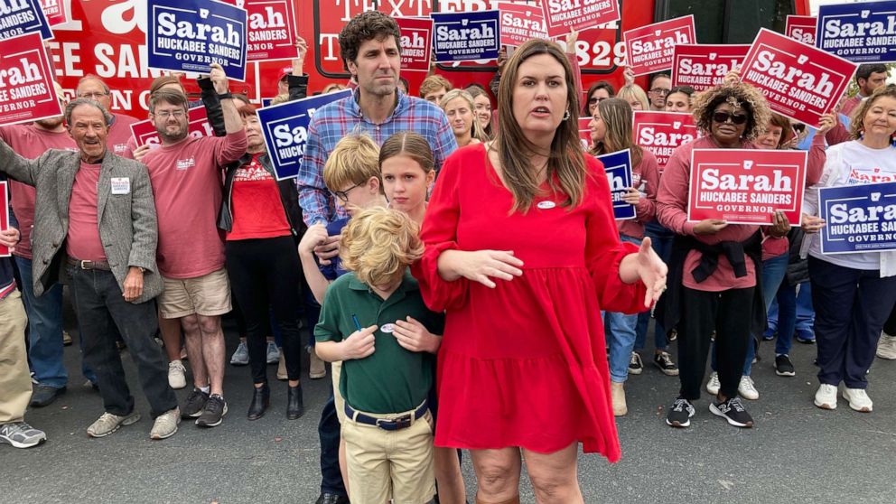 PHOTO: Sarah Sanders talks to reporters after voting in Little Rock, Ark. on Nov. 8, 2022. 