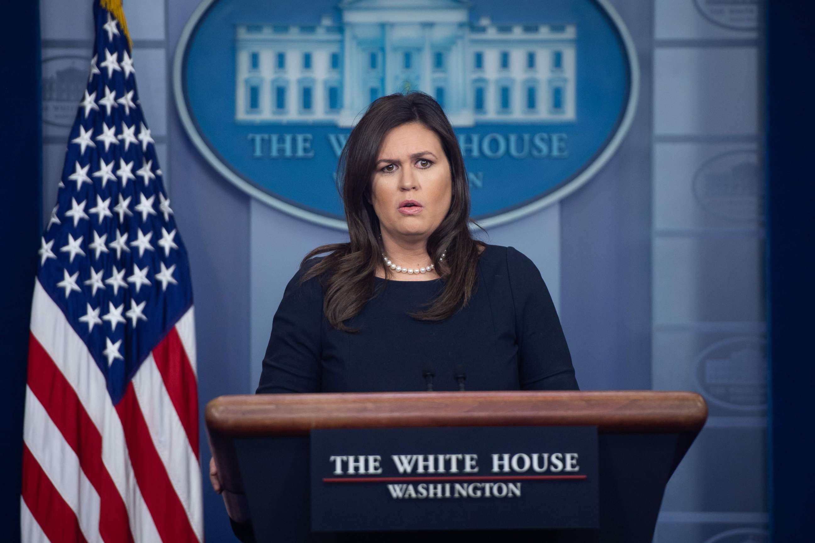 White House Press Secretary Sarah Huckabee Sanders speaks during a press briefing at the White House, March 11, 2019. 
