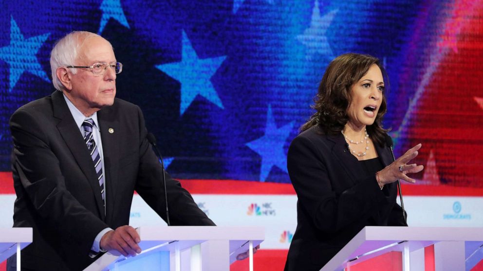 PHOTO: Bernie Sanders and Kamala Harris participate in the second night of the first 2020 democratic presidential debate at the Adrienne Arsht Center for the Performing Arts in Miami, June 27, 2019.