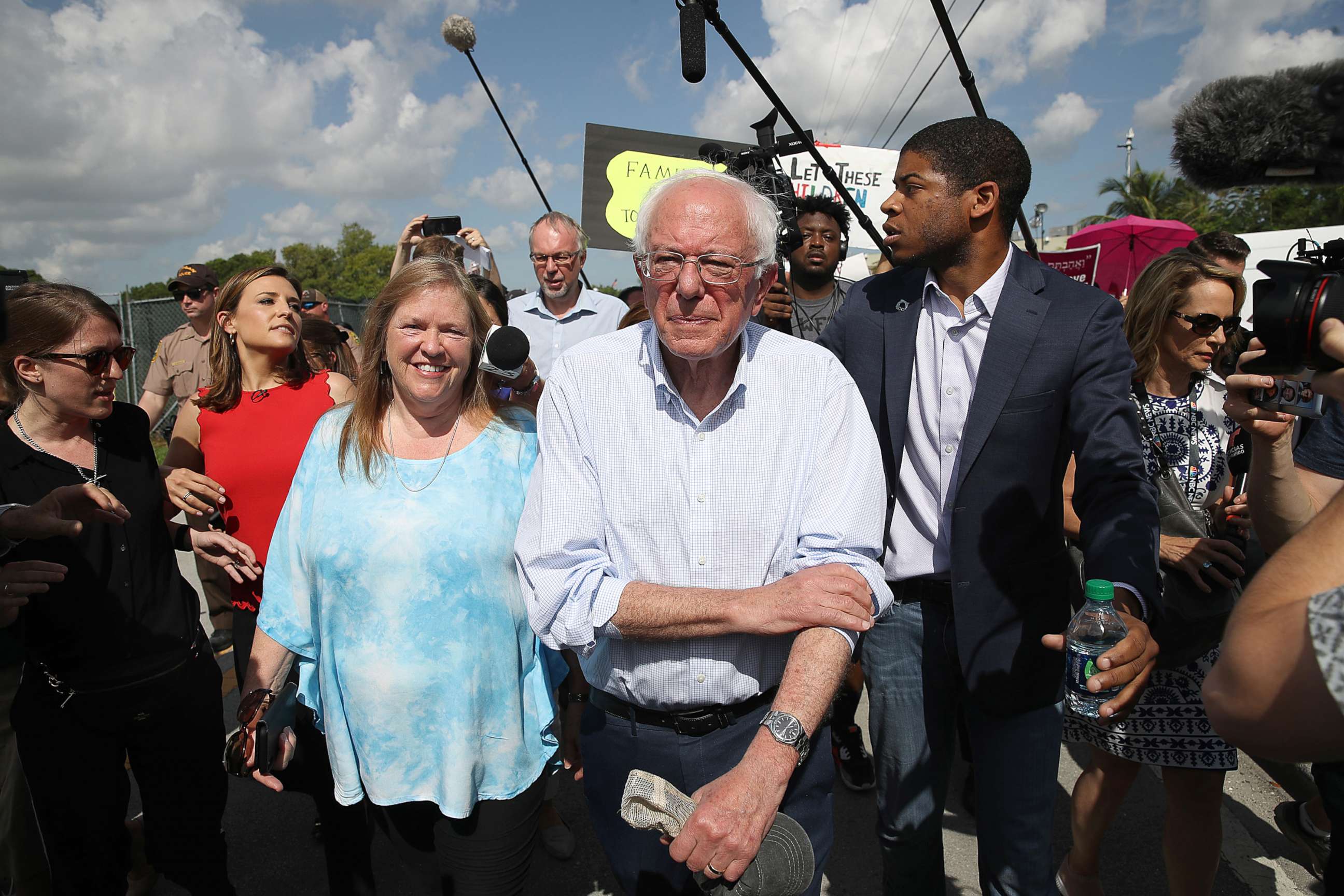 PHOTO: Democratic presidential candidate, Sen. Bernie Sanders (I-VT) and his wife, Jane Sanders, arrive at a detention center for migrant children on June 27, 2019 in Homestead, Florida.