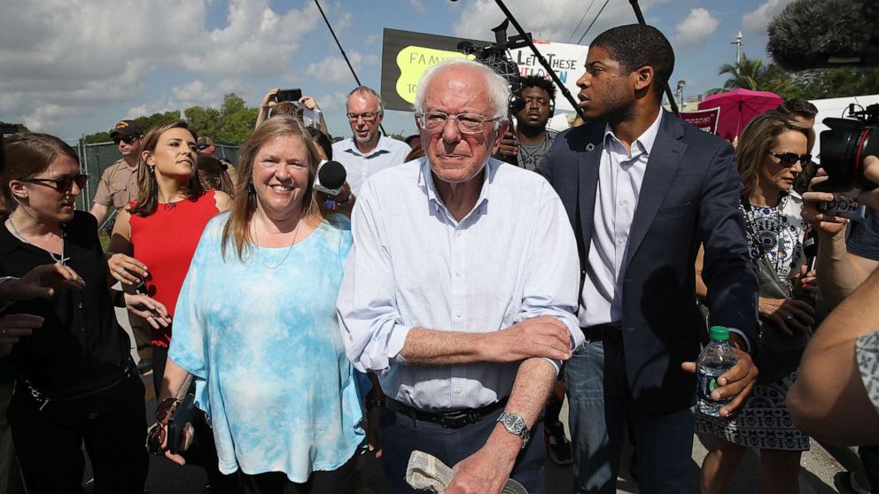 PHOTO: Democratic presidential candidate, Sen. Bernie Sanders (I-VT) and his wife, Jane Sanders, arrive at a detention center for migrant children on June 27, 2019 in Homestead, Florida.