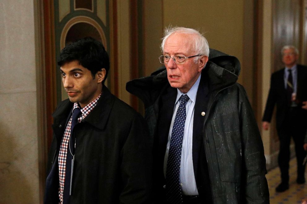 PHOTO: Sen. Bernie Sanders, I-Vt., departs at the end of the day in the impeachment trial of President Donald Trump on charges of abuse of power and obstruction of Congress on Capitol Hill in Washington, Wednesday, Jan. 29, 2020. 