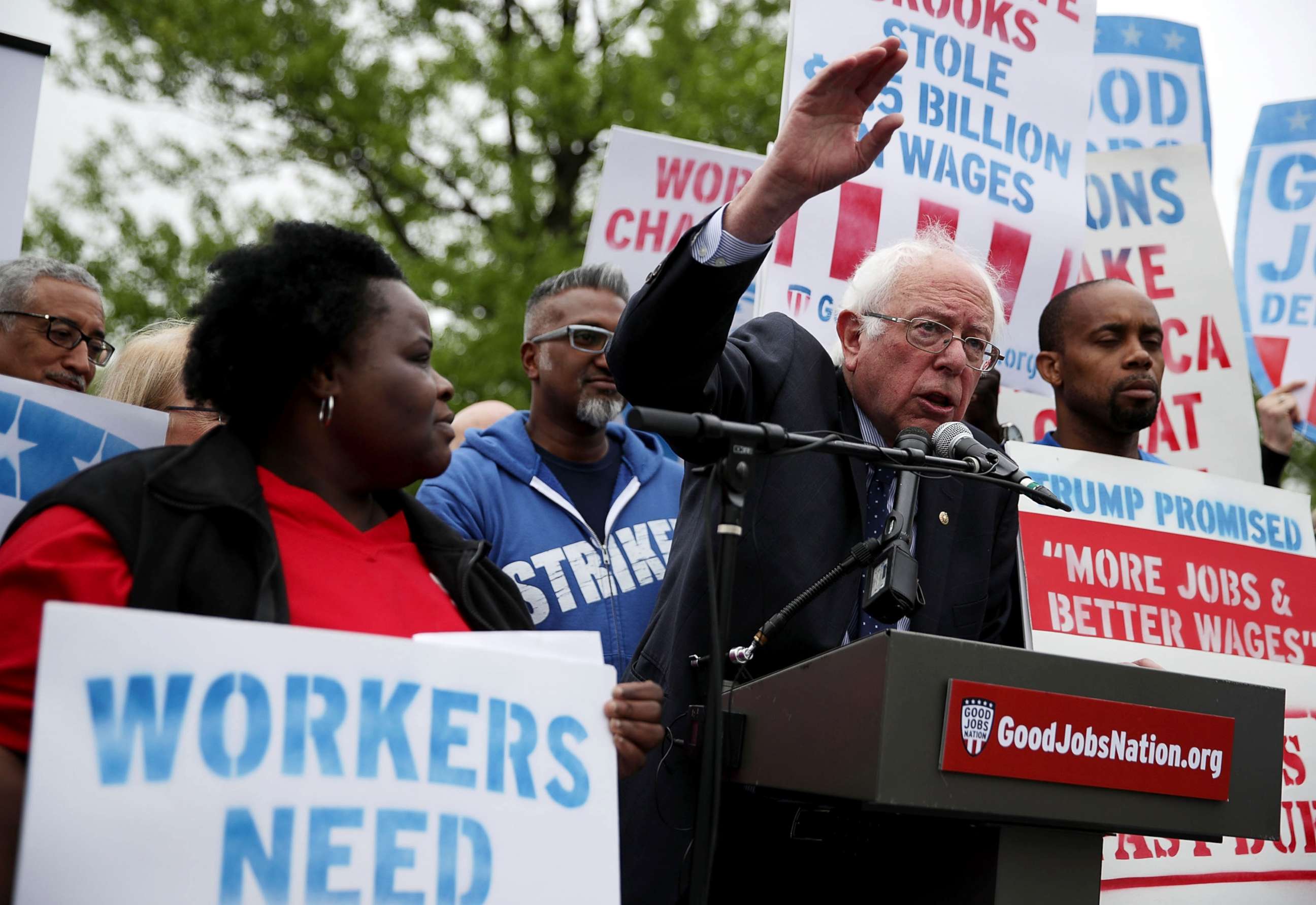 PHOTO: Sen. Bernie Sanders speaks during a rally in front of the Capitol, April 26, 2017, in Washington, DC. Activists and low-wage workers gathered on Capitol Hill to rally for a $15 minimum and rights to form unions.