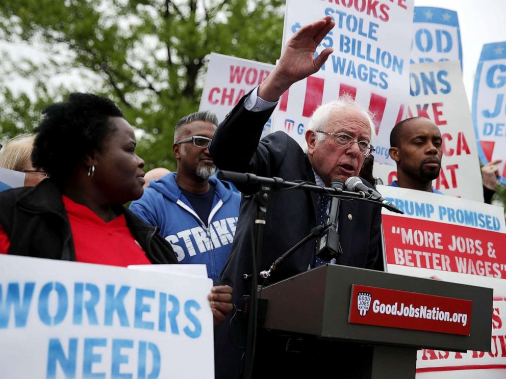 PHOTO: Sen. Bernie Sanders speaks during a rally in front of the Capitol, April 26, 2017, in Washington, DC. Activists and low-wage workers gathered on Capitol Hill to rally for a $15 minimum and rights to form unions.