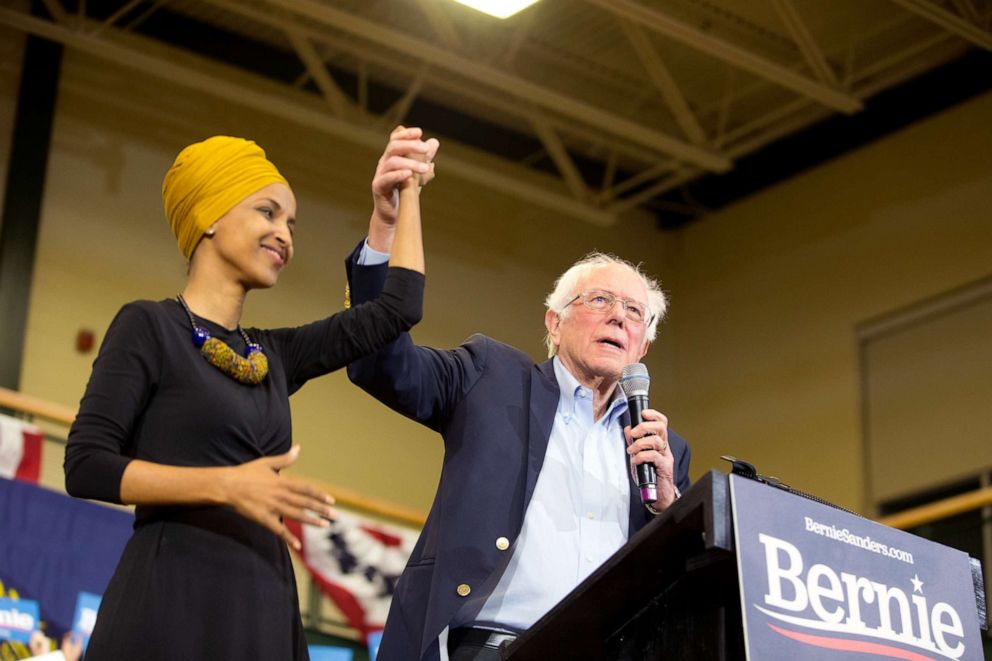 PHOTO: Democratic presidential candidate, Sen. Bernie Sanders and Rep. Ilhan Omar on stage at Nashua Community College, Dec. 13, 2019, in Nashua, New Hampshire.