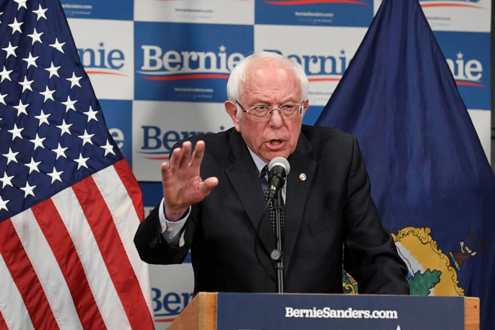 PHOTO: Democratic presidential candidate Bernie Sanders speaks about coronavirus in Burlington, Vermont, March 12, 2020.