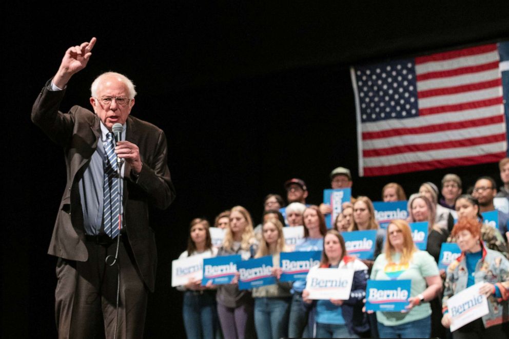 PHOTO: Democratic presidential candidate Bernie Sanders speaks during a rally in St Louis, Mo., March 9, 2020. 
