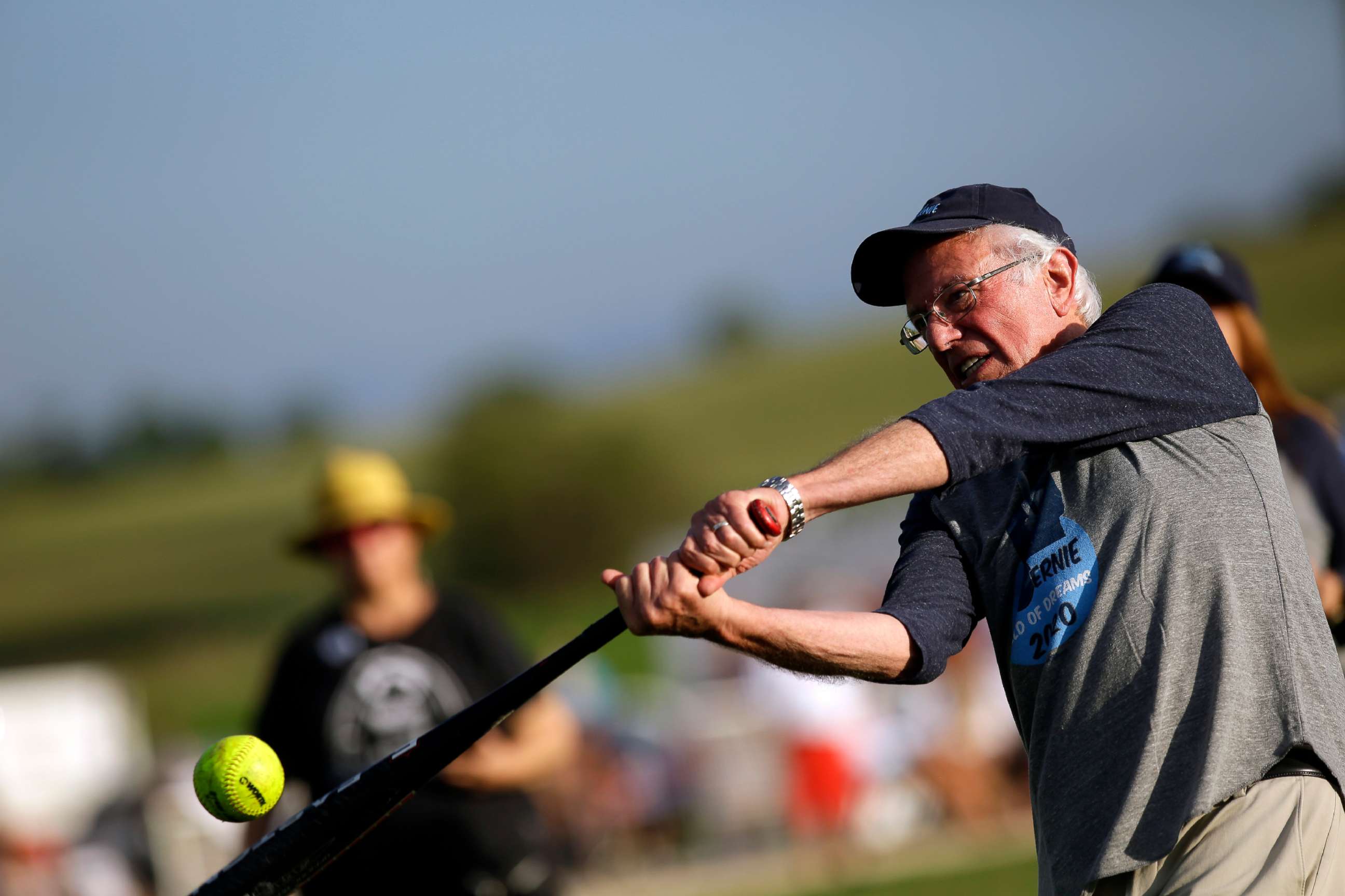 PHOTO: Democratic presidential candidate Sen. Bernie Sanders warms up before his baseball game against the Leaders Believers Achievers Foundation at the Field of Dreams Baseball field on Aug. 19, 2019 in Dyersville, Iowa.