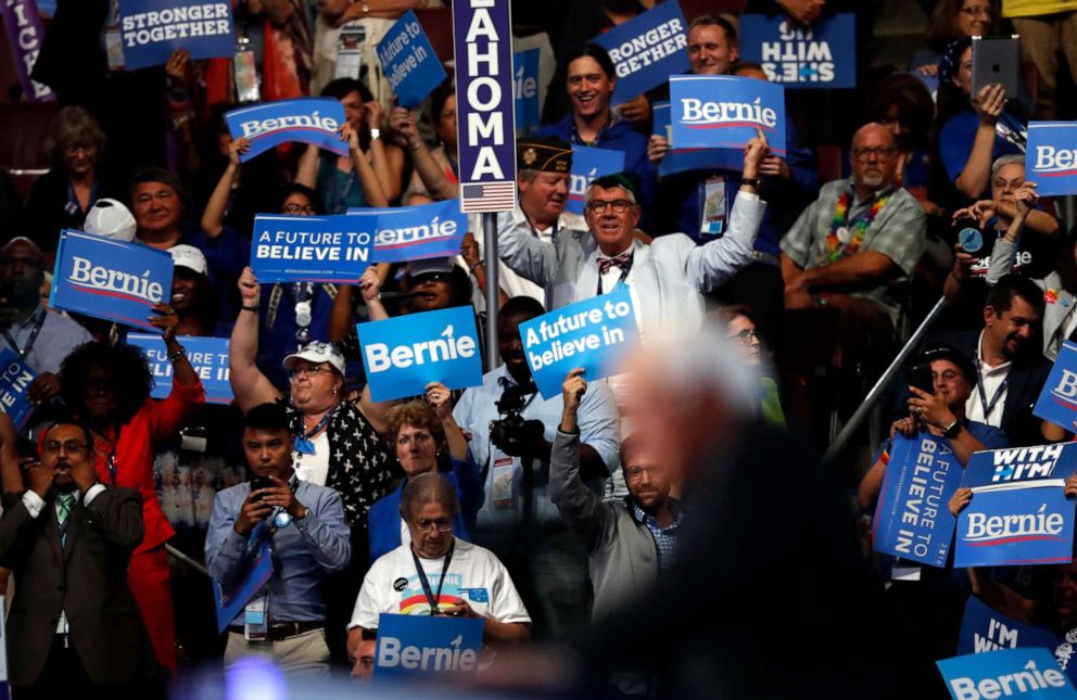 PHOTO: Supporters cheer as Sen. Bernie Sanders speaks during the first day of the Democratic National Convention in Philadelphia, July 25, 2016.