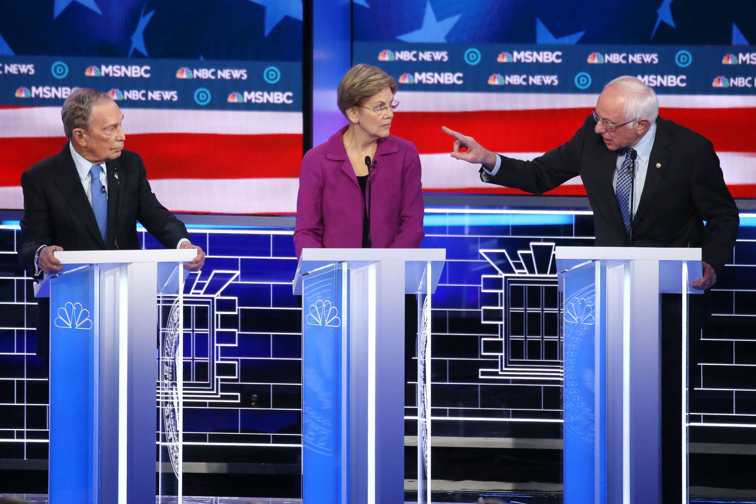 PHOTO: Democratic presidential candidate Sen. Bernie Sanders makes a point as Sen. Elizabeth Warren and former New York City mayor Mike Bloomberg listen during the Democratic presidential primary debate at Paris Theater in Las Vegas, Feb. 19, 2020.