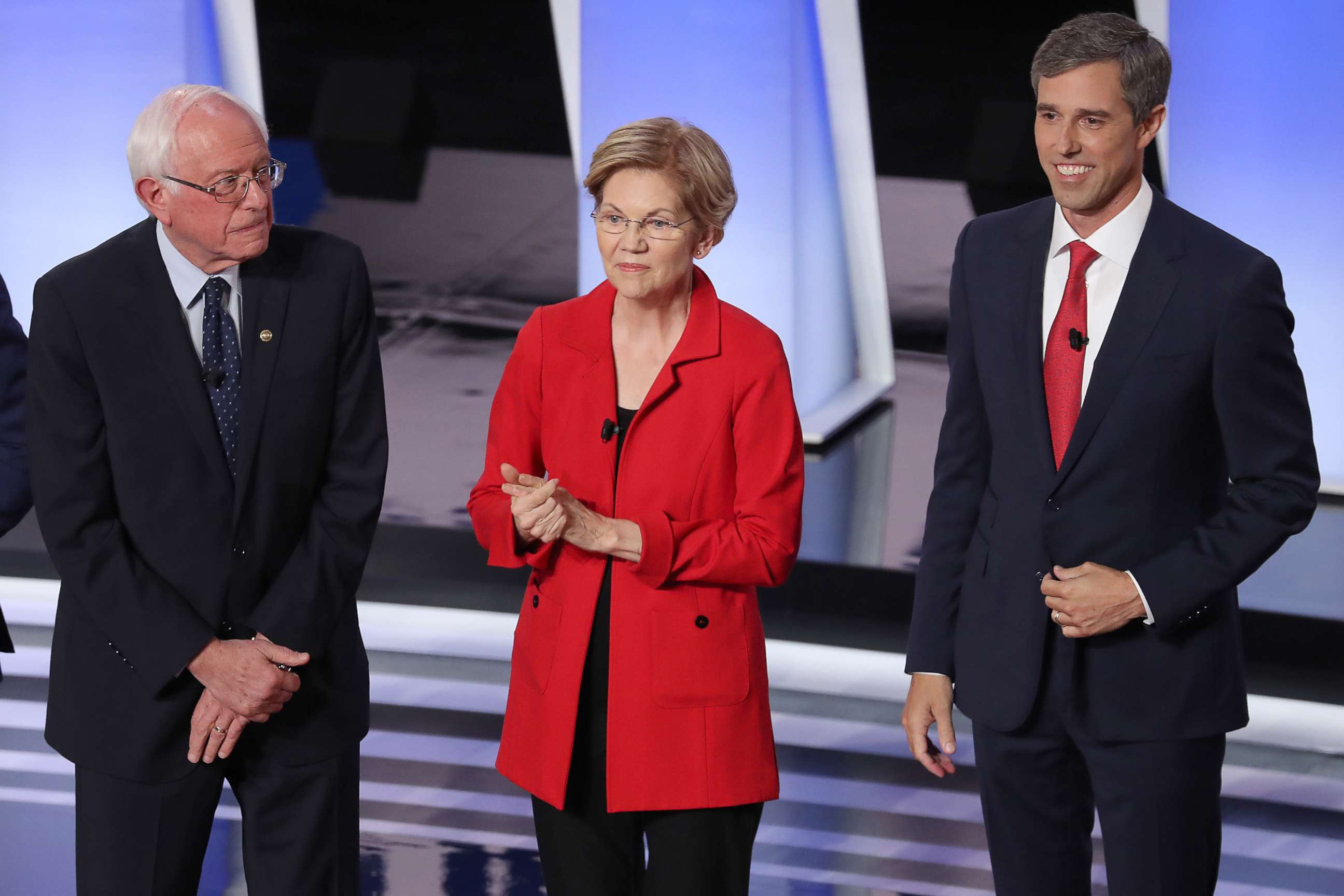 PHOTO: Democratic presidential candidates Sen. Bernie Sanders and Sen. Elizabeth Warren take the stage at  the Democratic Presidential Debate at the Fox Theatre, July 30, 2019, in Detroit, Michigan.