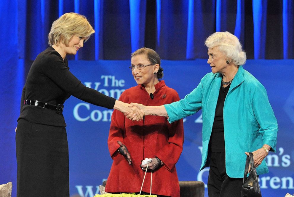 PHOTO: ABC News' Diane Sawyer greets Supreme Court Justices Ruth Bader Ginsberg and retired Supreme Court Justice Sandra Day O'Connor at Maria Shriver's Women's Conference on Oct. 26, 2010, in Long Beach, Calif.