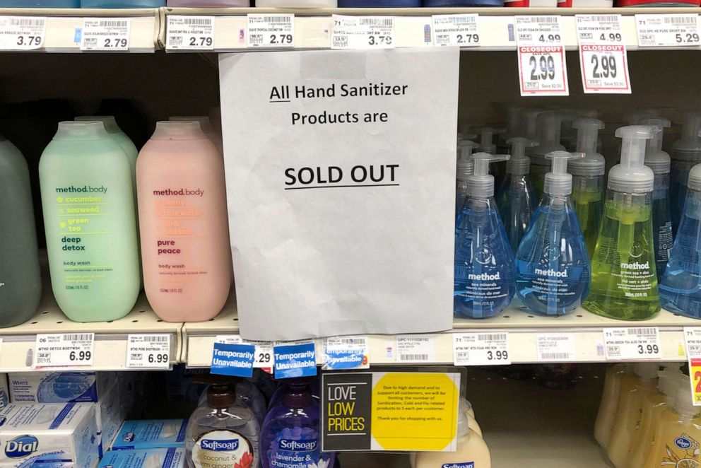 PHOTO: A sign on a shelf at a QFC grocery store in Kirkland, Wash., advises shoppers, March 3, 2020, that all hand sanitizer products are sold out.