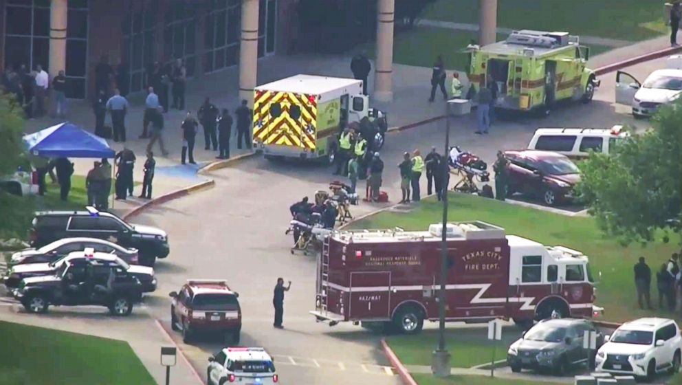 PHOTO: Emergency personnel and law enforcement officers respond to a high school near Houston after an active shooter was reported on campus, May 18, 2018, in Santa Fe, Texas.