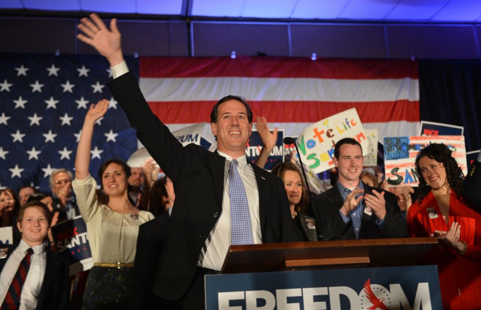 PHOTO: Republican presidential candidate Rick Santorum addresses supporters during a primary night campaign rally April 3, 2012 at the Four Points Sheraton Hotel in Mars, Pennsylvania.