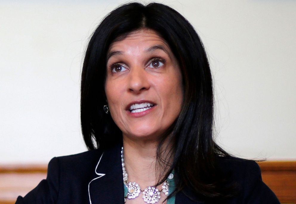 PHOTO: In this May 5, 2018 file photo, Maine Speaker of the House Sara Gideon speaks to reporters at the State House in Augusta, Maine. Gideon announced on June 24, 2019, that she will challenge Republican Sen. Susan Collins in the 2020 election.