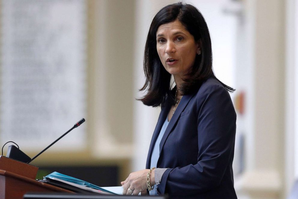 PHOTO: In this March 17, 2020, file photo, House speaker Sara Gideon conducts business in the House Chamber at the State House in Augusta, Maine.