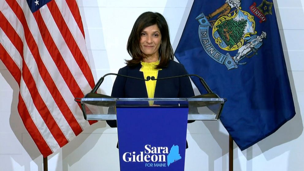 PHOTO: In this still image from video released via YouTube by the Sara Gideon for Maine campaign, Democrat candidate for Senate, Maine House speaker Sara Gideon speaks on Nov. 4, 2020, in Portland, Maine.