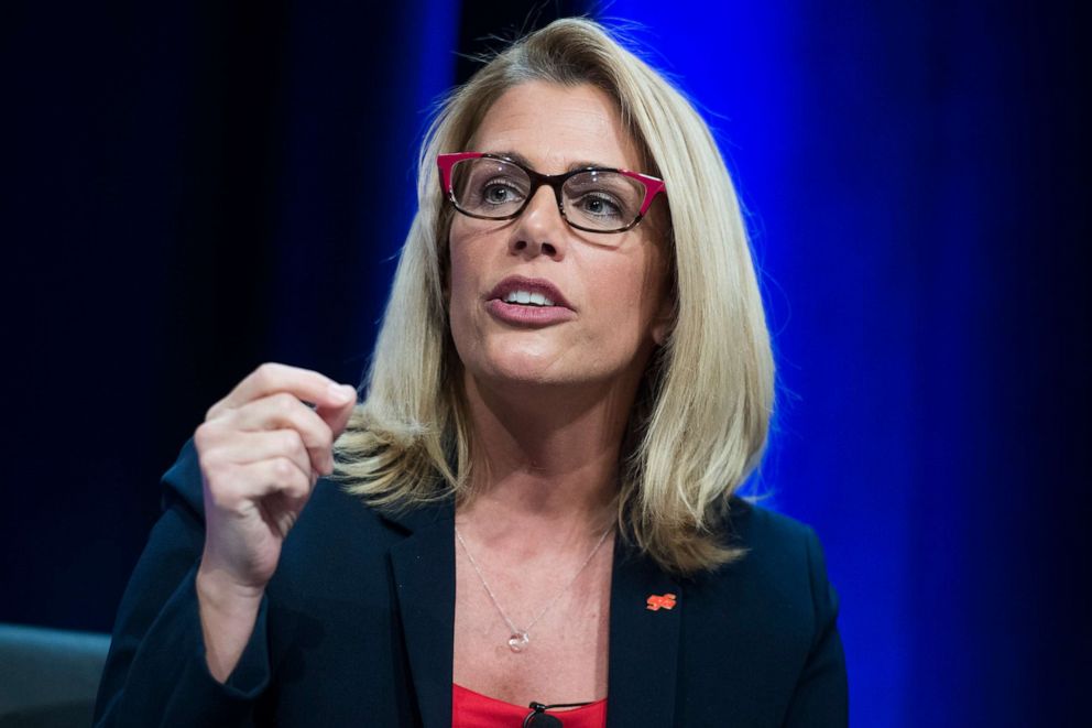 PHOTO: Sara Nelson, president of the Association of Flight Attendants-CWA, speaks during a panel discussion in Leesburg, Va., April 11, 2019.