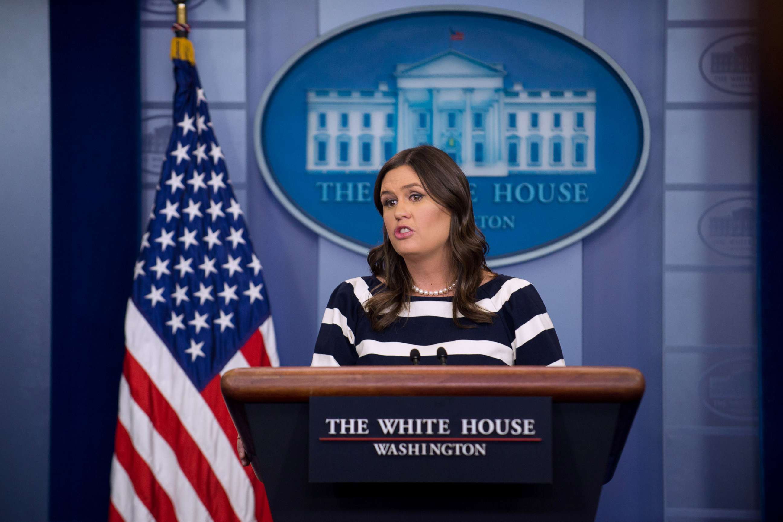 PHOTO: White House press secretary Sarah Huckabee Sanders holds a press briefing, May 11, 2018, at the White House in Washington, D.C.