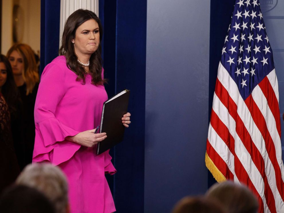 PHOTO: White House press secretary Sarah Huckabee Sanders arrives for the daily press briefing, Oct. 30, 2017, in Washington.