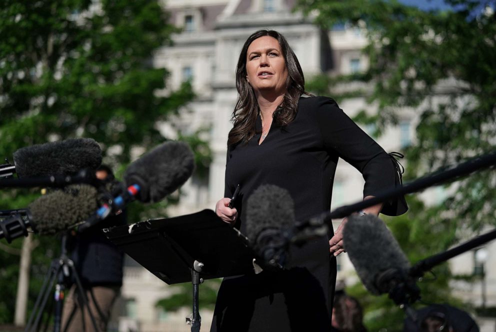 PHOTO: In this April 29, 2019, file photo, White House Press Secretary Sarah Huckabee Sanders talks to reporters outside the White House in Washington, D.C.