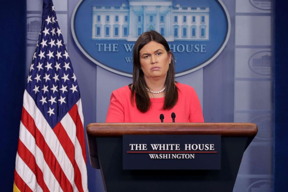 PHOTO: White House Press Secretary Sarah Huckabee Sanders conducts the daily news conference in the Brady Press Briefing Room at the White House, May 17, 2018, in Washington, DC.