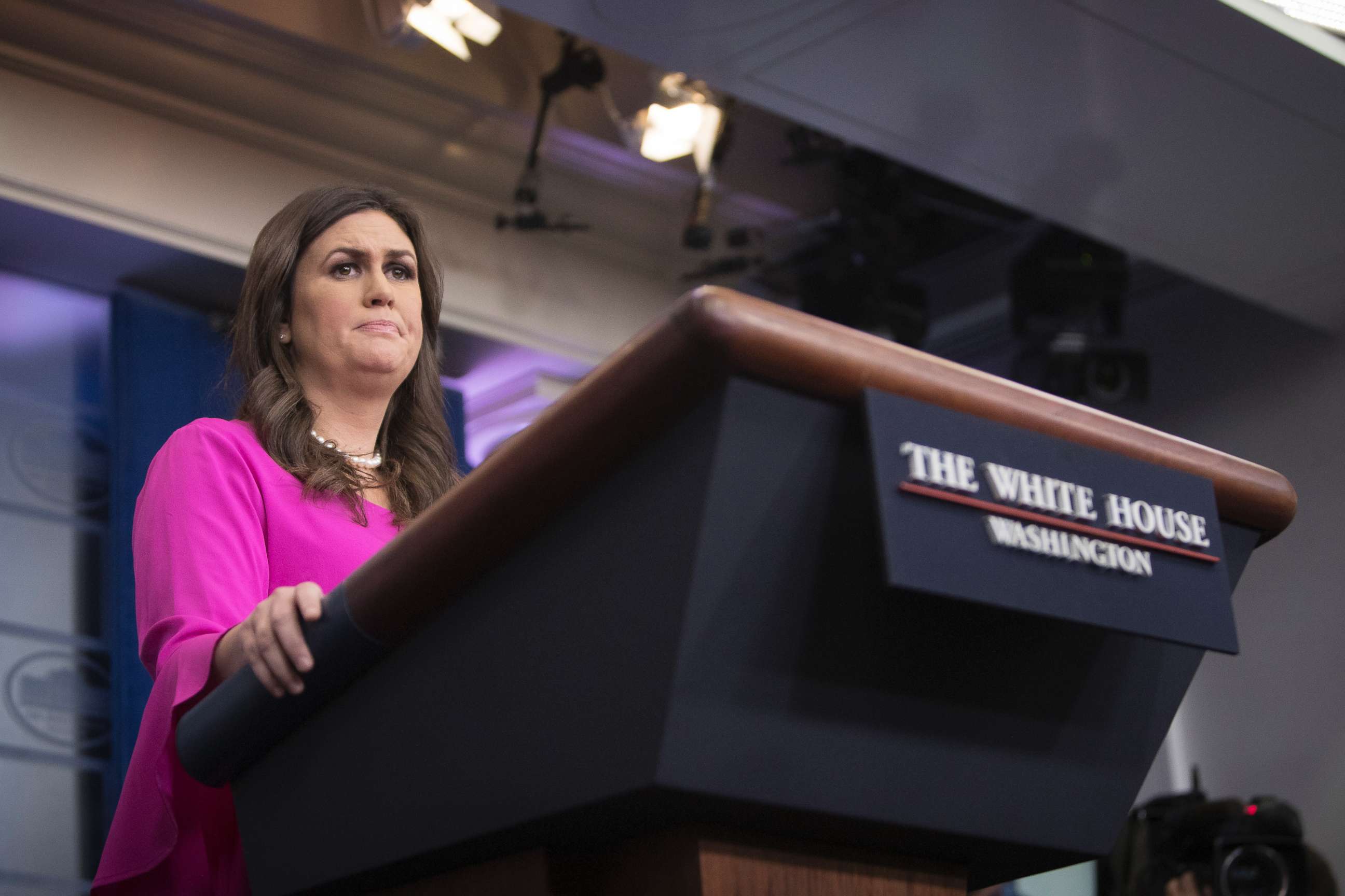PHOTO: White House Press Secretary Sarah Huckabee Sanders fields questions from reporters during the daily briefing at the White House in Washington, Oct. 30, 2017. 