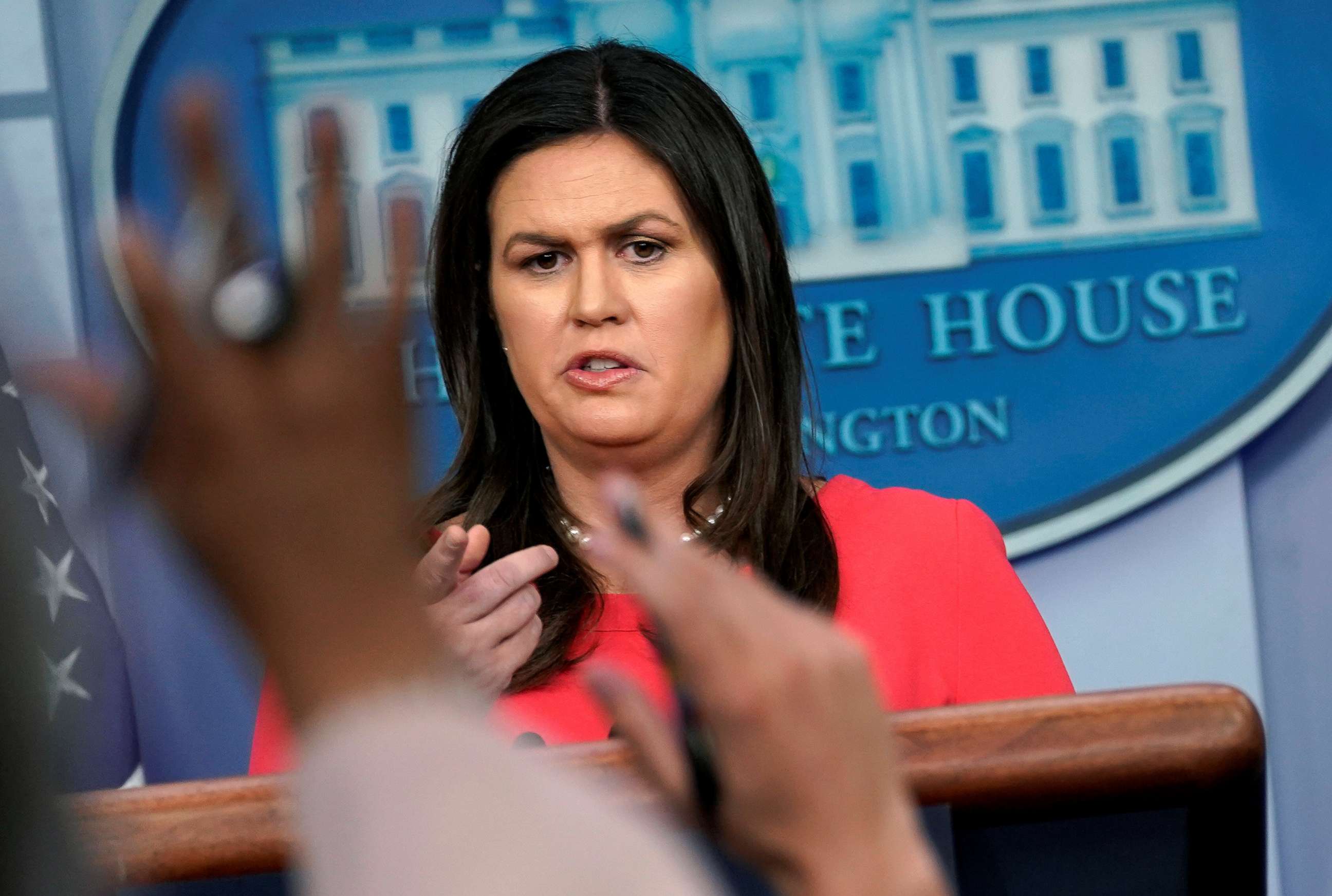 PHOTO: White House Press Secretary Sarah Sanders speaks during a press briefing at the White House in Washington, July 18, 2018.