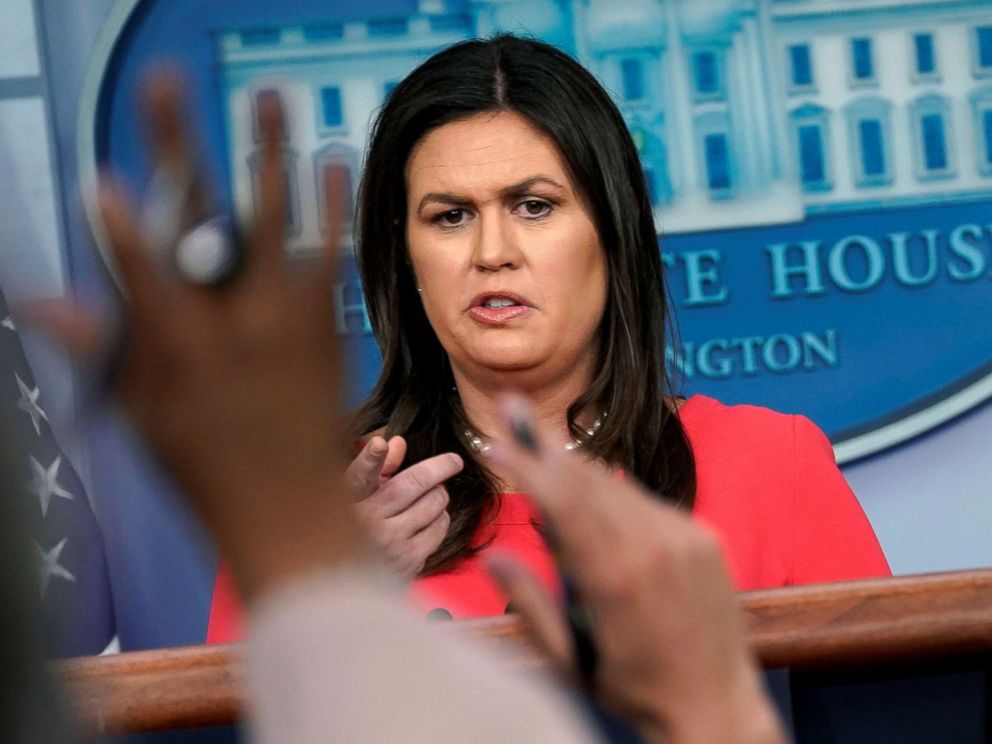 PHOTO: White House Press Secretary Sarah Sanders speaks during a press briefing at the White House in Washington, July 18, 2018.