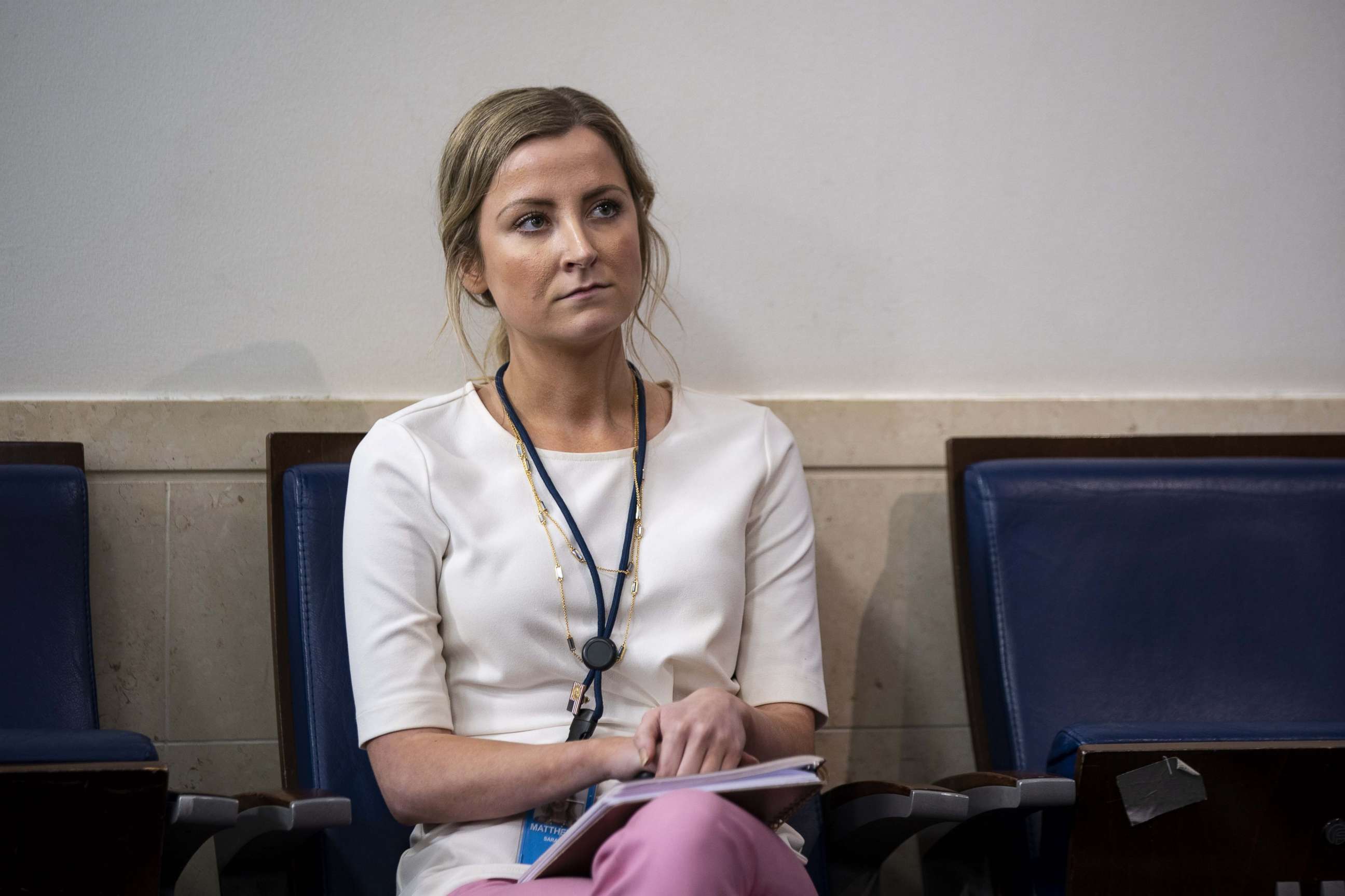 PHOTO: Sarah Matthews, White House deputy press secretary, listens during a news conference at the White House in Washington, D.C., July 8, 2020.
