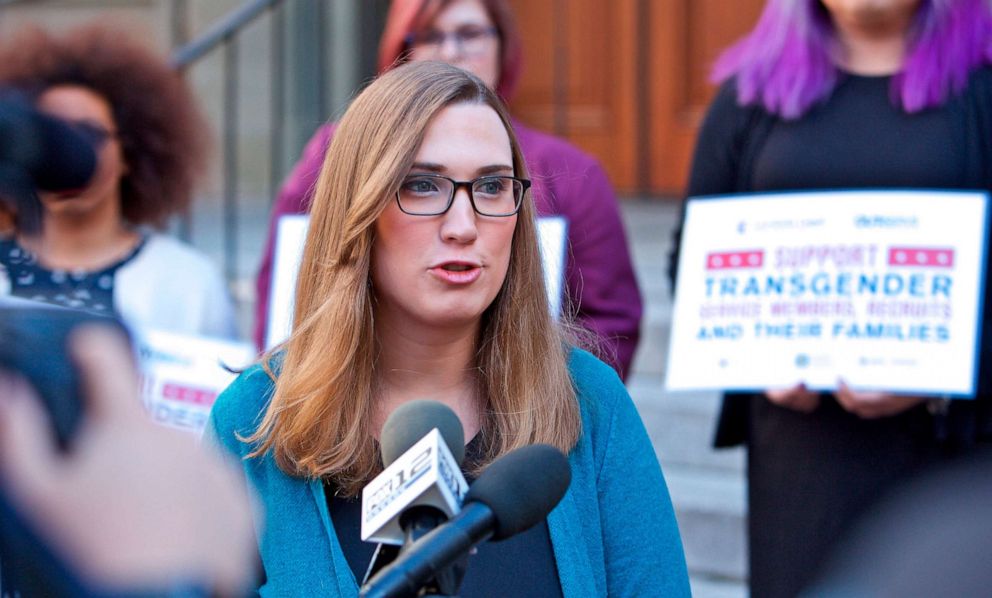 PHOTO: Sarah McBride speaks to reporters after appearing before the U.S. Court of Appeals regarding the ban of transgender people from serving openly in the U.S. Armed Services, on Oct. 10, 2018, in Portland, Ore.