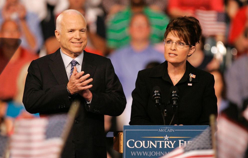 PHOTO: In this Aug. 29, 2008, file photo, Republican Alaska Gov. Sarah Palin, right, delivers a speech as Republican presidential candidate, Sen. John McCain, R-Ariz., introduces her as his vice presidential running mate