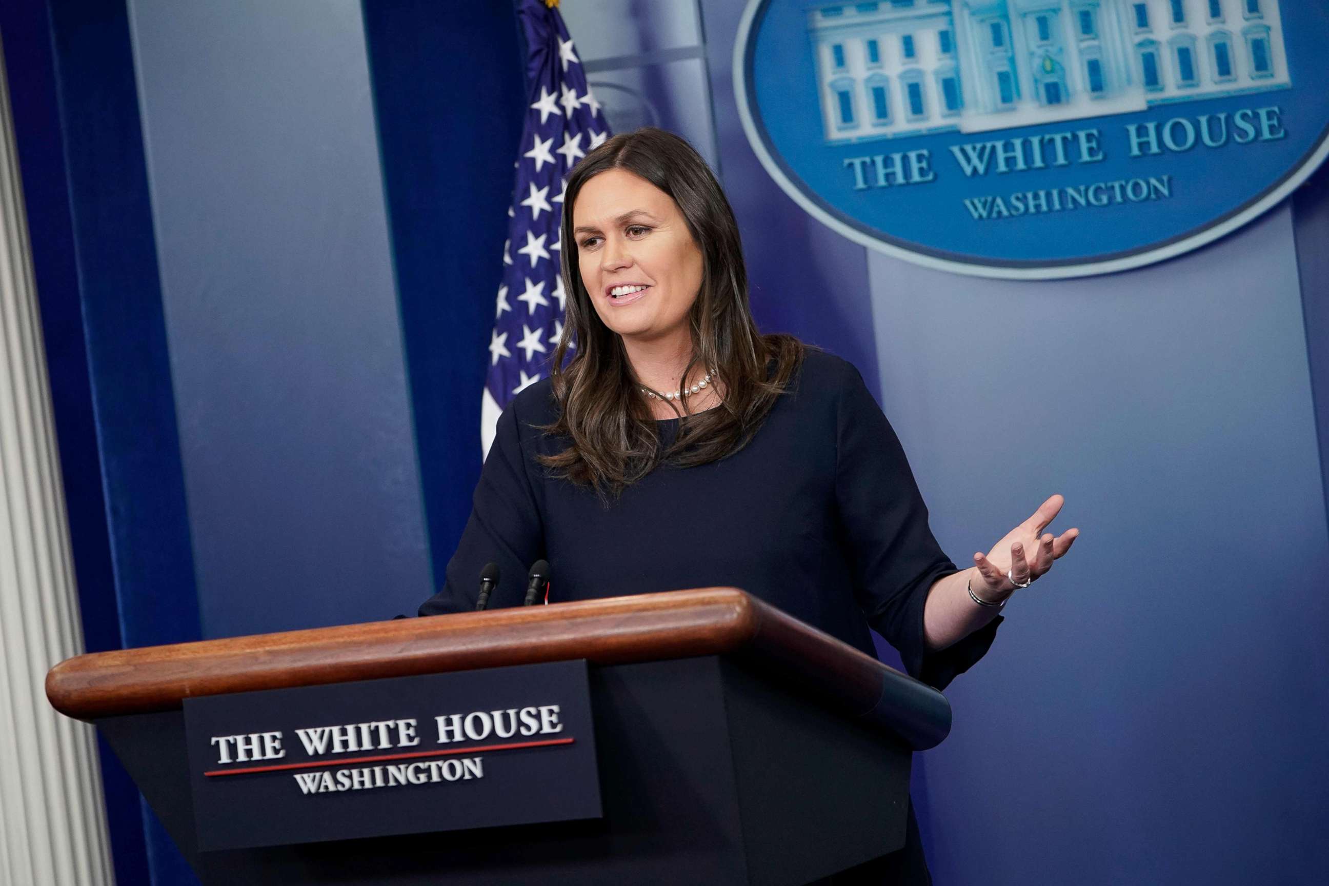 PHOTO: White House Press Secretary Sarah Sanders speaks during the daily briefing in the Brady Briefing Room of the White House, April 13, 2018 in Washington, D.C.