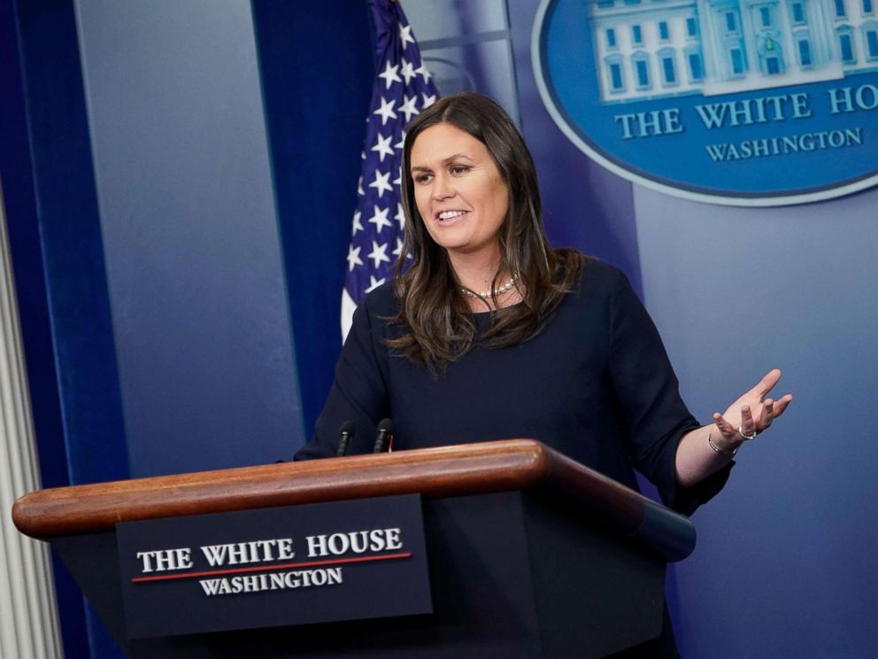 PHOTO: White House Press Secretary Sarah Sanders speaks during the daily briefing in the Brady Briefing Room of the White House, April 13, 2018 in Washington, D.C.