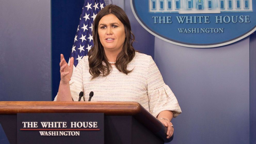 PHOTO: White House spokesperson Sarah Sanders conducts news briefing at The White House in Washington, D.C., April 11, 2018.