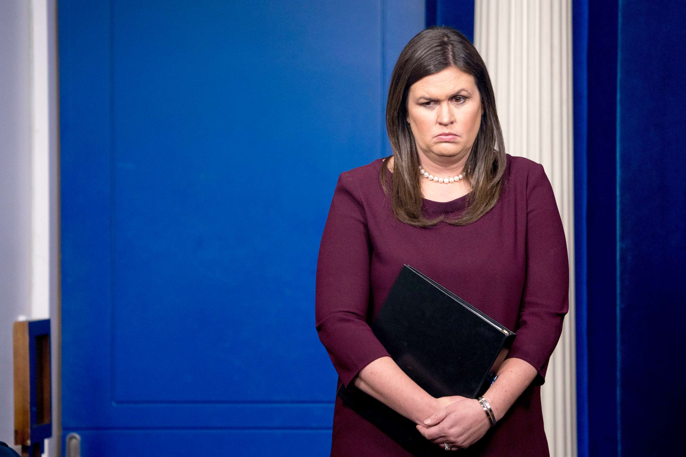 PHOTO: White House press secretary Sarah Huckabee Sanders attends the daily press briefing at the White House in Washington, Aug. 14, 2018, where officials speak to reporters on recently repatriated remains from North Korea.