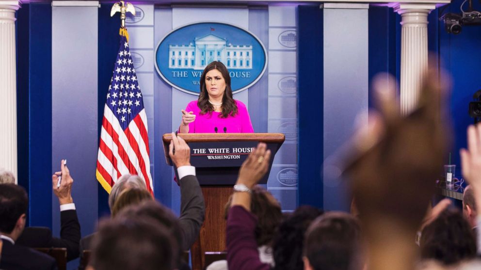 PHOTO: White House Press Secretary Sarah Huckabee Sanders speaks to the media about the FBI's indictment of former Trump campaign chairman Paul Manafort in the Press Briefing Room of the White House, Oct. 30, 2017. 
