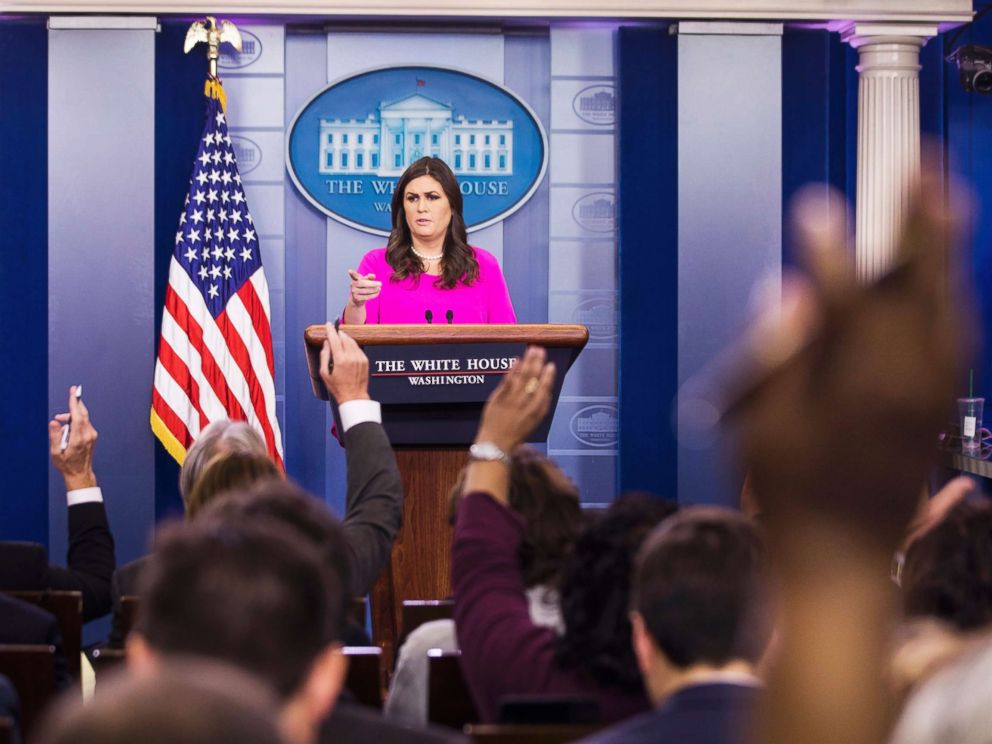 PHOTO: White House Press Secretary Sarah Huckabee Sanders speaks to the media about the FBIs indictment of former Trump campaign chairman Paul Manafort in the Press Briefing Room of the White House, Oct. 30, 2017.