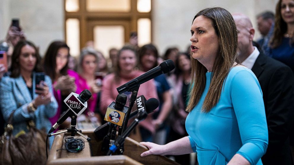 PHOTO: In this Feb. 8, 2023, file photo, Governor Sarah Huckabee Sanders speaks at the Arkansas State Capitol in Little Rock, Arkansas.