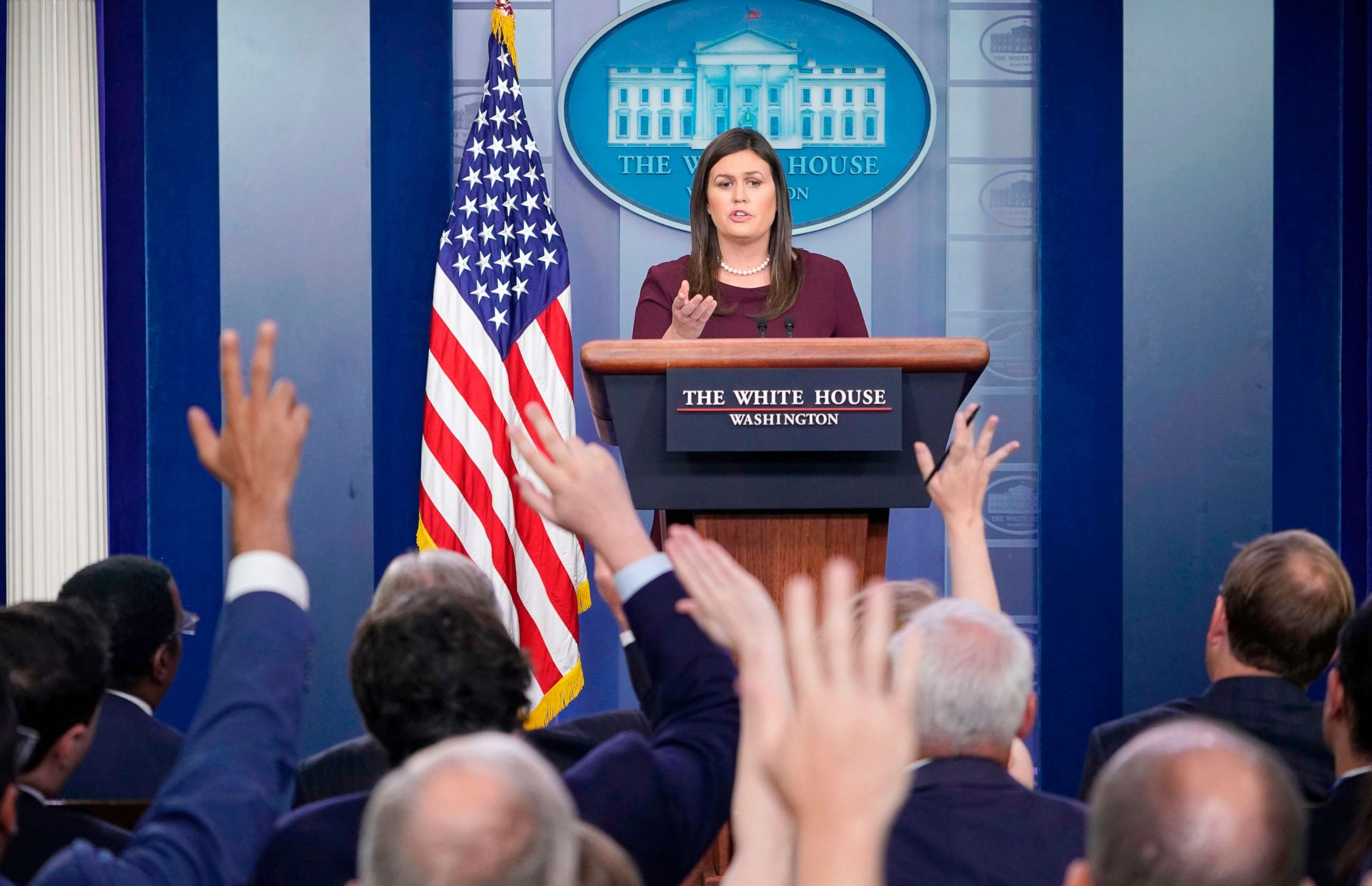 PHOTO: White House Press Secretary Sarah Sanders speaks during a briefing in the Brady Briefing Room of the White House, Aug. 14, 2018.