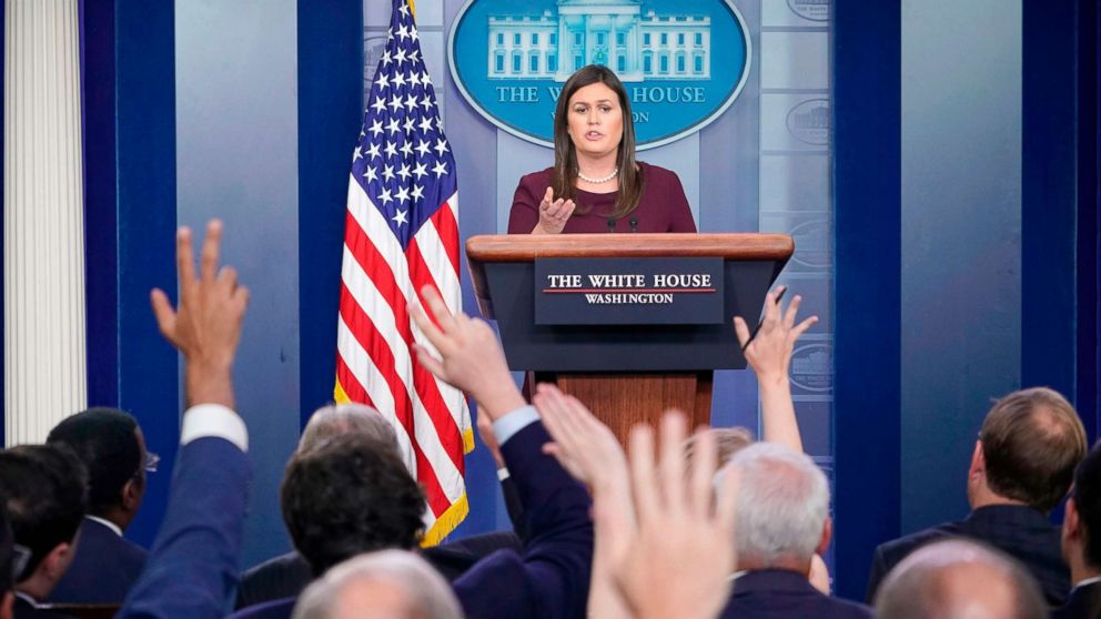 PHOTO: White House Press Secretary Sarah Sanders speaks during a briefing in the Brady Briefing Room of the White House, Aug. 14, 2018, in Washington, DC.