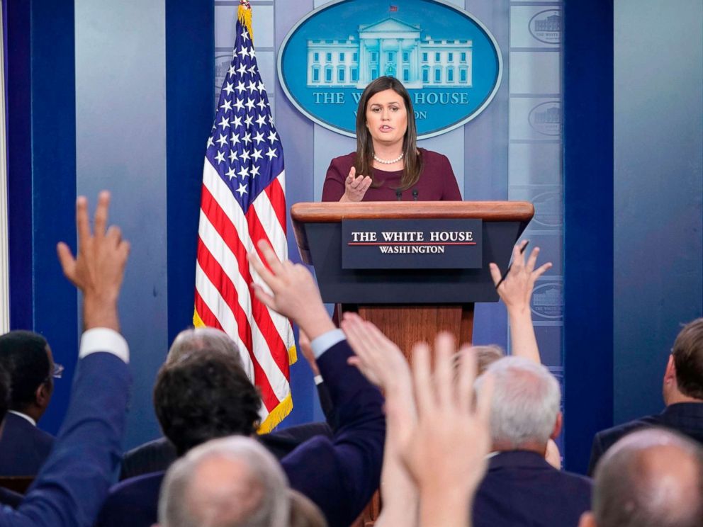 PHOTO: White House Press Secretary Sarah Sanders speaks during a briefing in the Brady Briefing Room of the White House, Aug. 14, 2018, in Washington, DC.